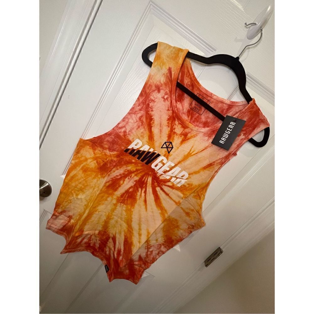 NEW RawGear Men's XL Orange Yellow Tie Dye Tank Top Muscle Shirt Workout